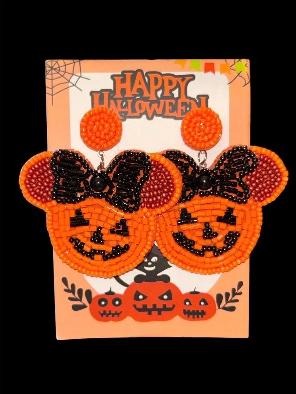 🎃 Halloween Beaded Mouse Ear Pumpkin Statement Earrings for Women / Girls ✨